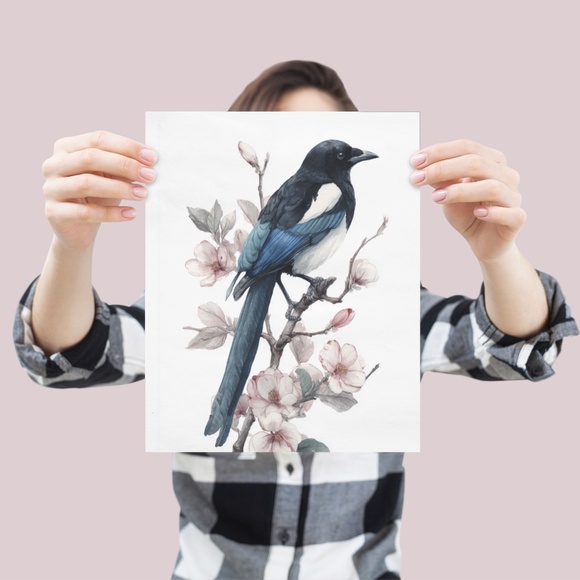 Watercolor Magpie Bird Wall Art Print, Unframed - Elegant Nature-Inspired Decor - Picture 4 of 6